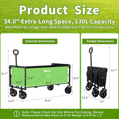 InBrave Extra Long Collapsible Wagon Cart, 480LBS Heavy Duty Utility Wagons with All-Terrain Wheels, Foldable Grocery Carts for Gardening, Shopping, Beach, Camping, Black - Thumbnail 2