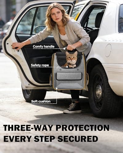 Cat Backpack Carrier with Detachable Round Play Tunnel, 2 in 1 Expandable Cat Backpack with Breathable Mesh,Cat Carrying Backpack for Cat 17lbs & Small Dog 13lbs,Grey Orange. - Thumbnail 5