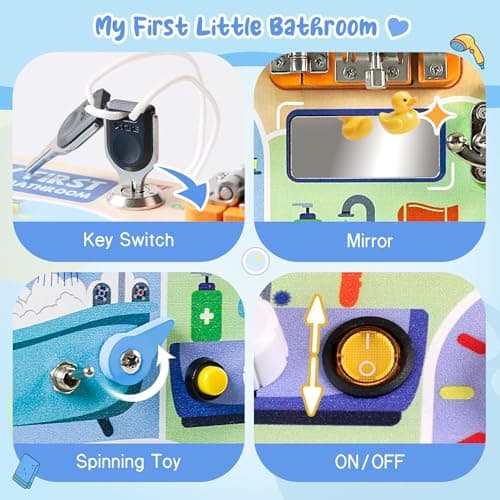 Teekdeer Busy Board Montessori Toys for Toddler 1-3 Year Old, Wooden Sensory Board with LED Light Switches,Bathroom Theme Travel Toys for 1+ Year Old Boy & Girl Birthday Gift - Thumbnail 2