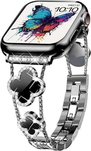 NYENEIL Compatible with Apple Watch Ultra Band 42MM 44MM 45MM 46MM 49MM Series 10 9 8 7 6 5 4 3 2 1 Smartwatch wistband Bracelet Strap Lucky clover Bracelet iWatch Band for Women B-Black