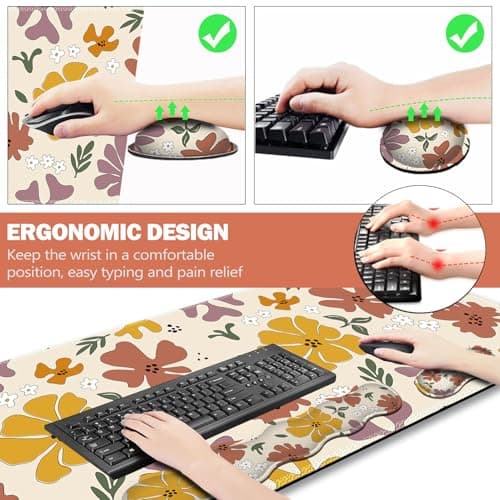 ARTSO Gaming Mouse Pad Wrist Support Set,Cute Flower Desk Mat+Mouse Pad with Wrist Rest +Keyboard Wrist Pad+Coaster,4-in-1 Mousepad Ergonomic Design for Home Office Game - Thumbnail 2