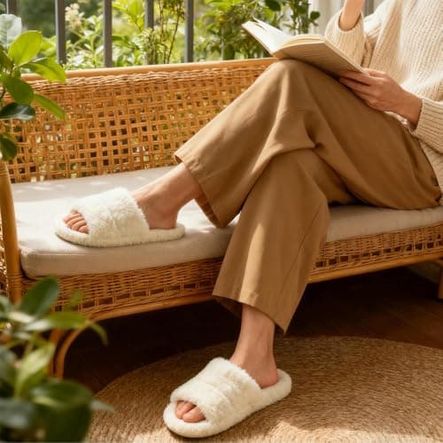 PXPUIQ House Slippers for Women - Fuzzy Slippers with Plush Faux Fur Lining, Memory Foam Cushioned Insole, Open-Toe Design, Slip-Resistant Sole, Washable, Pull-On Closure, Faux Fur Upper, Flat Heel - Thumbnail 2