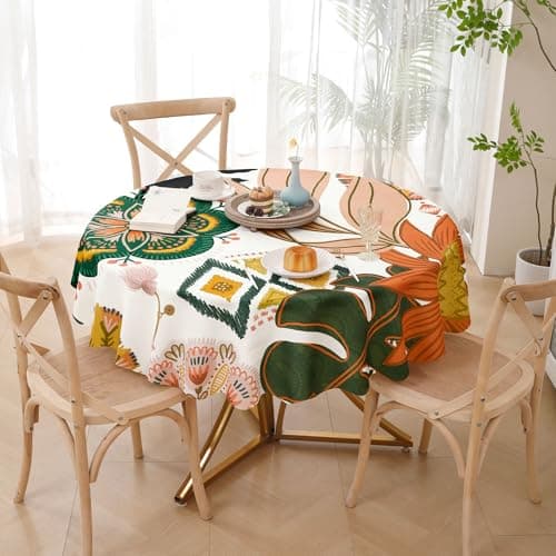 Tyrot Scalloped Boho Floral Round Table Cloth Farmhouse Waterproof Stain Resistant Wrinkle-Free Tablecloth Mid Century Botanical Indoor Outdoor Table Covers for Kitchen Dining/Party, 60x60, Pink - Image 1