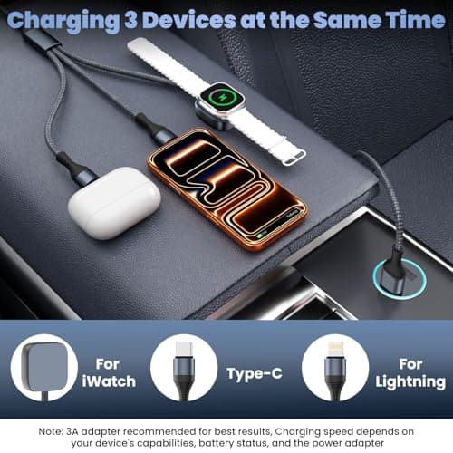 3 in 2 USB A/C Multi Charger Cable, Charging Cable for iWatch Charger/iPhone 17 Charger/IP, Braided Multiple Charger Cord Compatible with iPhone 17-11/iWatch Series 11-1/ultra/se/Car/Home 5FT - Thumbnail 2