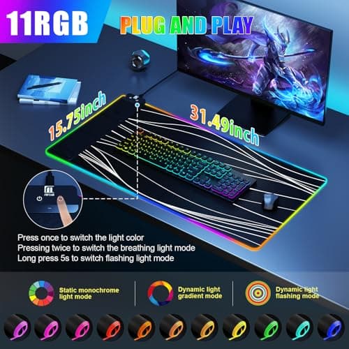 Mouse Pad with Phone Holder, Wireless Charging Desk Mat, RGB Gaming Mousepad Home Office Large Desk Pad with Ultra-Smooth Surface, Non-Slip Base, Waterproof Keyboard Pad,Wavy Black - Thumbnail 4