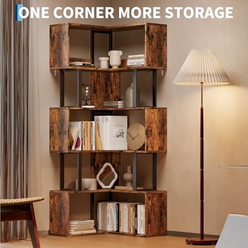 Doppeltcharms L-Shaped Corner Bookshelf with 6 Tiers – 62.6'' Tall Freestanding Metal & Wood Storage Rack with Dividers, Modern Display Shelf for Living Room, Home Office, Sunset - Thumbnail 3