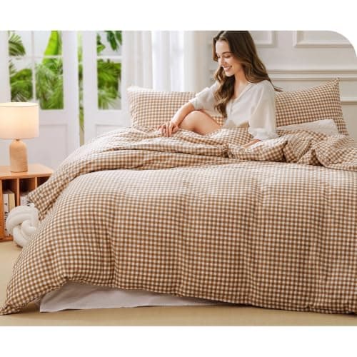 Yuncojin Gingham Duvet Cover Set Queen Size 3 Pieces Plaid Grid Duvet Cover,100% Cotton Plaid Comforter Cover,Farmhouse Checkered Gingham Bedding - Thumbnail 3