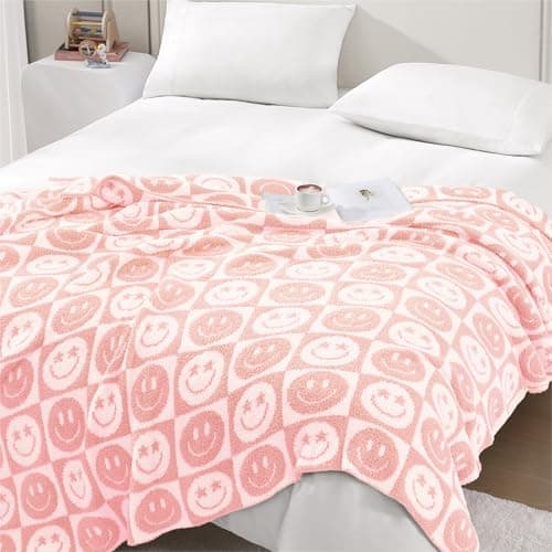 WRENSONGE Checkered Throw Blanket Blossom Smiling Face Soft Cozy Fluffy Warm Hand Made Throw Blankets for Couch, Sofa, Chair, Bed, Camping, Picnic, Travel Lightweight Bed Blanket - 50"*60" - Thumbnail 3