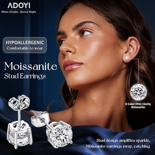 adoyi Moissanite Diamond Stud Earrings for Women Men 925 Sterling Silver Post Hypoallergenic 18K White Gold Plated Flat Back Stud Earring Jewelry Round Cut D Color VVS1 Clarity Gift for Women 1.0CT - Thumbnail 2