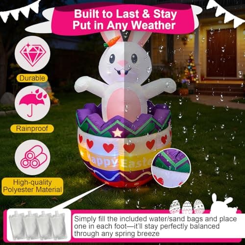 6FT Easter Inflatables Outdoor Decorations with Rotating Colorful Led Lights Inside Eggs,Up And Down Giant Inflatable Waterproof Bunny Blow Up Yard Decor Lawn Patio Lawn Party & Spring Holiday Display - Thumbnail 6