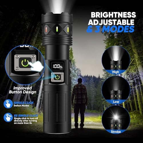 erbrigtli Flashlights High Lumens 100000 Rechargeable, Super Bright 50W LED, Long Running 15 Hours, USB C Input & USB Output, Zoomable 3 Modes, Powerful Strong Flash Light for Home Hiking Camping - Thumbnail 3