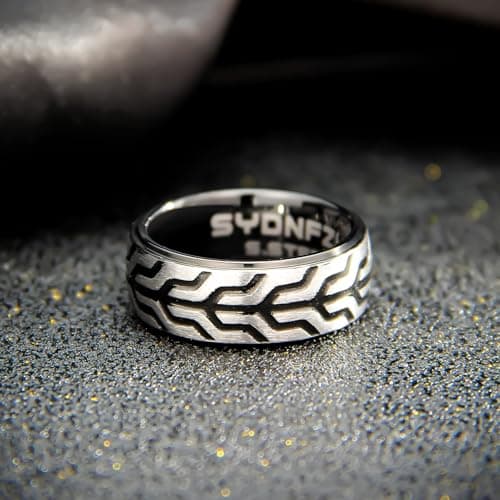 SYDNFZY Mens Wedding Band Ring - 8mm Fashion Classic Stainless Steel Engagement Promise Rings for Men Women, Cool Tire Tread Pattern Ring for Men Biker Bands Comfort Fit Jewelry Gift Ring Size 6 7 8 9 10 11 - Thumbnail 6