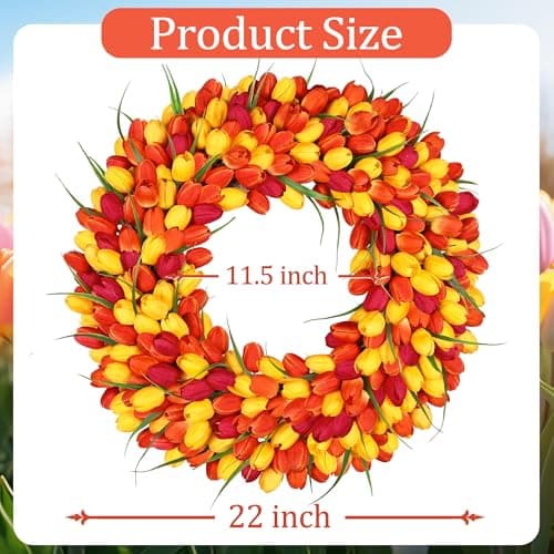 Tulip Wreath Spring Wreaths for Front Door Zmtyykh Artificial Floral Door Wreath for Valentine’s Day Easter Summer Decor for Outdoor Indoor Window Wall Front Porch Farmhouse Home 22" Red Orange Yellow - Thumbnail 4