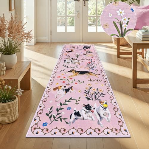 LOKHOM Hallway Runner Rug 2x6 Washable Animal Dog Print Linen Kitchen Rug with Rubber Backing, Non Slip Low Pile Soft Boho Floral Carpet for Entrance Laundry Bedroom, Pink