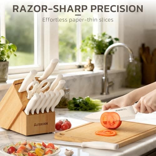 Astercook Knife Set, 15 Pieces Kitchen Knife Set with Sharpener Block, German Stainless Steel Knives Set with Anti-Rust Coating, Dishwasher Safe Elegant Cream White Knife Block Sets, Valentine's Gift - Thumbnail 5