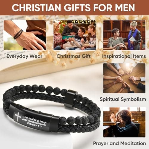 FLHEART Men's Christian Cross Black Leather Bracelet Gifts for Men, Double-Row Braided Leather Cross Bracelet Bible Verse Agate Onyx Beaded Bangle Gifts for Son Grandson Husband Boyfriend Brother - Thumbnail 4