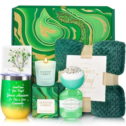 Birthday Gifts for Women, Mothers Day Gifts, Appreciation Gift Teacher & Nurse Get Well Soon Spa Retirement Gift Basket with Flannel Blanket for Mom, Grandma, Sister, Wife, Girlfriend, (green) - Image 1