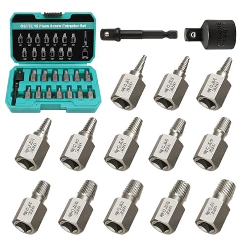 OSTTE 15 Pieces Screw Extractor Set, Easy Out Bolt Extractor Kit, 3/8" Hex Drive Multi-Spline Remover Tool for Stripped, Broken, Rusted, Rounded Bolts, Screws(Cr-Mo Steel) - Image 1