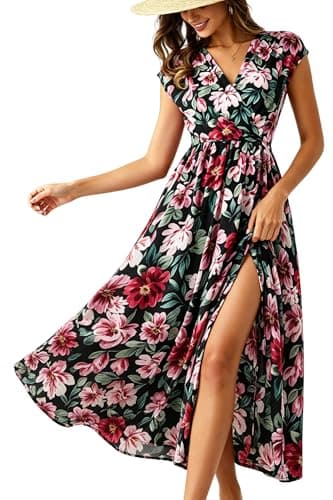 Women's Summer Casual Cotton Rayon Viscose Cap Sleeve Wrap V Neck Ruched Smocked Empire Waist Slit A Line White and Red Floral Midi Pockets Dress for Ladies Holiday Vocation Beach Senior Dresses - Image 1