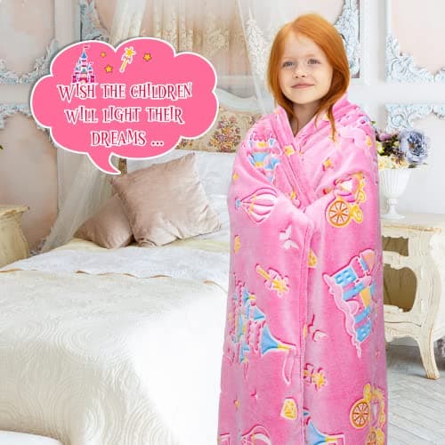 BORORO Glow in the Dark Princess Blanket for Girls Graduation, Princess Castle Gifts Toys for Girls, Pink Throw Blanket for Couch Bed Room Decor, Soft Fleece Plush Bedding for Kids Toddlers 50" x60“ - Thumbnail 6