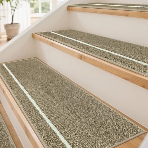 JSEI Stair Treads for Wooden Steps Indoor with Glow in The Dark Stripe, 15 Pack 9" X 28" Non-Slip Washable Carpet Stair Mats with TPE Backing, Polyester Stair Rugs for Kids Elders & Pets, Beige