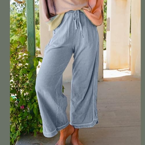 Ainangua Women's Palazzo Pants Acid Wash Capri Pants Drawstring Athletic Wide Leg Trousers Summer Lounge Home(Light-Blue,XL) - Thumbnail 3