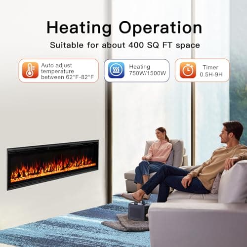 TUAN Electric Fireplace Inserts, Ultra Thin Wall Mounted Fireplace with Remote Control, Multicolor Realistic Flame, Touch Screen, Thermostat, Timer, 750w/1500w (Log & Crystal Included) (60 inch) - Thumbnail 5