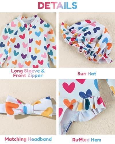 DivingBirds Baby Girls Long Sleeve Swimsuit with Hat, Toddler Girls Bathing Suit with Snap and Zipper Heart Print for 2-3 Years - Thumbnail 3