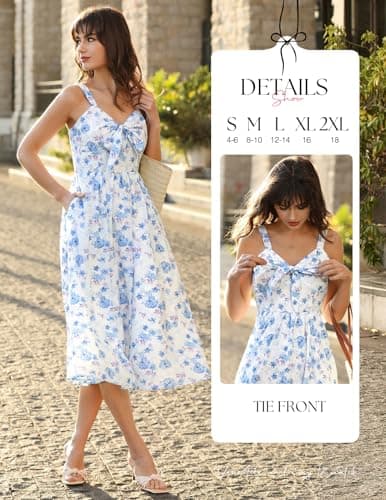 Belle Poque Summer Dresses for Women 2026 Tie Front Dress Beach Wedding Guest Dress Floral Sundress with Pockets (Blue,XL) - Thumbnail 5