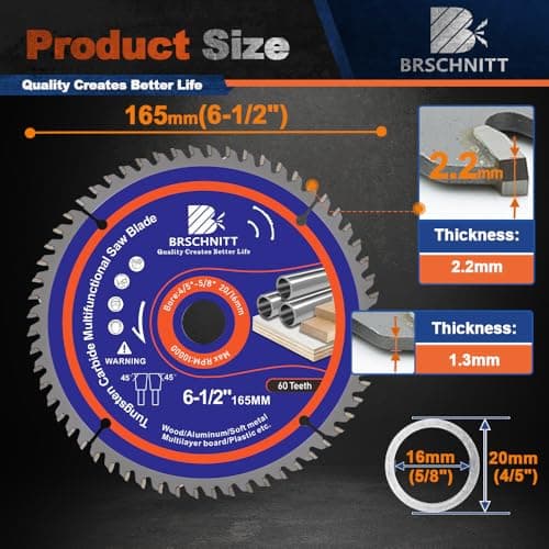 BRSCHNITT Aluminium Circular Saw Blade 6-1/2 in 60T with 4/5-5/8" Arbor, Carbide Tipped Cut Disc for Cutting Various Wood,Soft Metal,Copper,and Composite Materials - Thumbnail 2