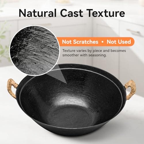 WANGYUANJI 13.4 Inch Cast Iron Wok with Wooden Lid and Iron Spatula, Flat Bottom Double-Handle Chinese Stir Fry Pan, Uncoated Cast Iron Wok for Induction, Gas and Electric Stoves - Thumbnail 5