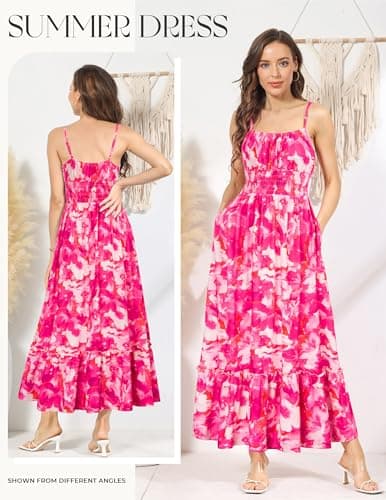 Spaghetti Strap Dresses for Women Casual Sleeveless Dress Smocked Tiered Floral Cami Dress Rose Red Floral 2XL - Thumbnail 4