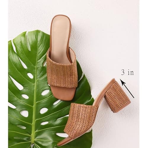 Ancomafio Women's Heeled Sandals Raffia Heels Square Open Toe Sandals Backless Mules Slip On Block Sandals Brown Size 8 - Thumbnail 6