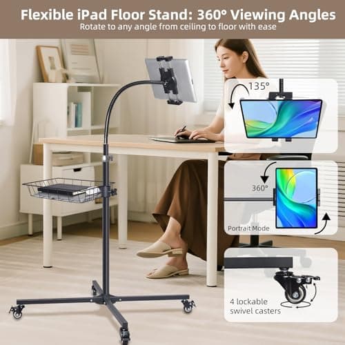 Coslony Premium Rolling Tablet Floor Stand with Heavy Duty Industrial Wheels & Storage Basket, Tall Adjustable iPad Stand Floor on Wheels, Universal Mount Holder for iPad Pro, Air, Mini, Phone - Thumbnail 5