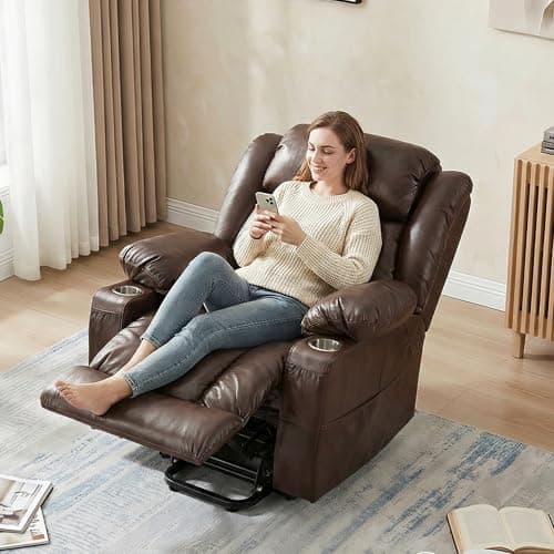 Kasunpul Oversized Power Lift Recliner with Massage and Heat for Elderly, Heavy Duty Reclining Chair, Faux Breathable Leather, Includes USB/Type-C Ports, 2 Cup Holders& Remote Control, Brown - Thumbnail 6