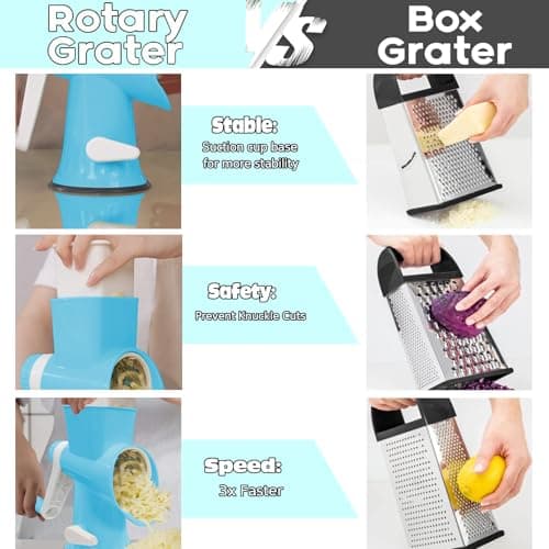 Cheese Grater MultiFunction Rotary Cheese Grater Hand Crank – Cheese Shredder Effortlessly Shred,Slice,Chop.Applicable to Cheese, Vegetables,Fruits,Nuts,Non-Slip Suction Base,Easy to Clean (blue) - Thumbnail 3