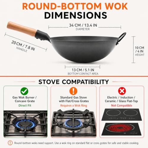WANGYUANJI 13.4 Inch Round Bottom Carbon Steel Wok, Nitrided Iron Chinese Stir Fry Pan for Gas Wok Burner, Wok Ring Needed for Flat Gas Grates, Wooden Handle - Thumbnail 2