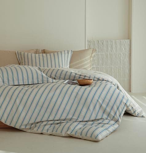 Solycoil Comforter Queen Size - 100% Cotton Beige and Blue Striped Reversible Comforter Set, Hypoallergenic and Breathable Bedding Set for All Season, 3 Pieces, 90"x90" - Image 1