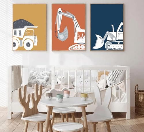 Wavkkey 3 Pcs Construction Truck Nursery Wall Art Excavator Dump Truck Tractor Poster Painting Picture Wall Decor Canvas Print Artwork Kids Room Boys Room Baby Room Home Decoration Unframed - Thumbnail 3