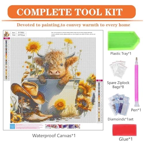 igoodom Cow Diamond Art Kits for Adults, Highland Cow Diamond Art Kits, Full Drill Round Sunflower Diamond Painting Kits, DIY Gem Art and Crafts for Home Wall Decor Gift 14x14inch - Thumbnail 6