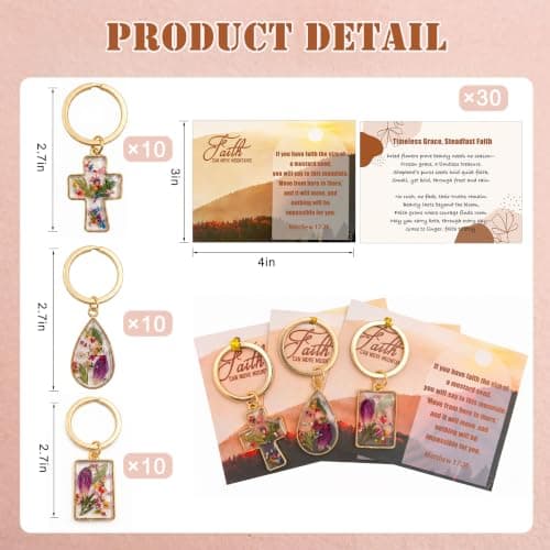 Qpige Floral Mustard Seed Keychain Christian Gifts for Women Bulk, Dried Flower Religious Birthday Gifts for Sister Mother Daughter (Gold, 30 Set) - Thumbnail 2