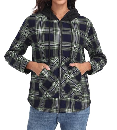 Lepunuo Women's Plaid Jacket Long Sleeve Fleece Full-Zip Hoodie Fall Fashion Warm Jackets Green Blue