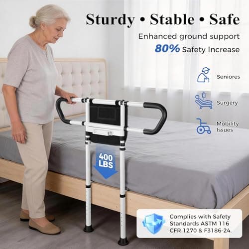 KUBYA Bed Rails for Elderly Adults Safety, Adjustable Bed Assist Rail for Seniors with Motion-Activated LED Light - 400 lbs Heavy Duty, Easy to Install, Fits 14.0"-20.3" Bed Frames - Thumbnail 3