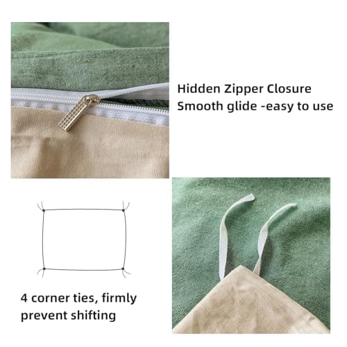 DCSKY Duvet Cover Set - 100% Washed Cotton, 3 Piece Pre-Washed Super Soft Breathable Bedding with Duvet Cover and 2 Pillow Cases (04Green(No Comforter), King (104''x90'')) - Thumbnail 4