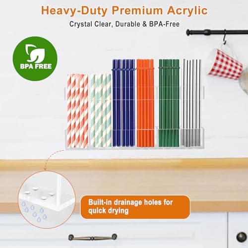 WTBRAYMX 2 Pack 10.8" Extra Large Straw Organizer, 6 Slots Heavy-Duty Acrylic Straw Holder for Cabinet Door & Cupboard, Two-Piece Reusable Straw Storage with Ultra Sticky Adhesive Tape (Crystal Clear) - Thumbnail 4