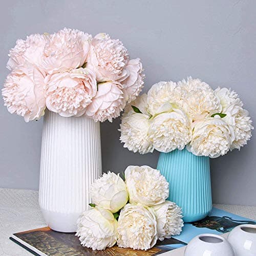 U'Artlines 2 Bouquet 10 Heads Artificial Peony Silk Flower Leaf Home Office Wedding Party Festival Bar Decor (Cream White) - Thumbnail 6