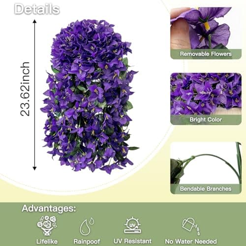 capirosa Artificial Flowers for Outdoors Fake Purple Bougainvillea Hanging Flower Decoration, 2Pcs Realistic Faux Silk Plants Long Trailing Vines, Spring Decor for Porch Patio Balcony Planter Yard - Thumbnail 4