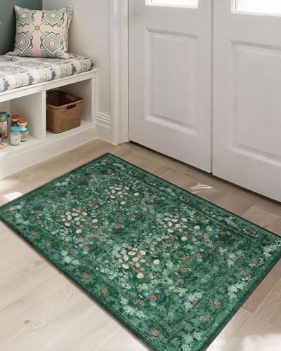 Green Cottagecore Washable Floral Rugs for Entryway - 2x3 Small Vintage Throw Rugs for Kitchen, Bathroom, Laundry, Indoor Entrance - Low Pile Non Slip Thin Rug, Boho Distressed Front Door Floor Mat - Thumbnail 6