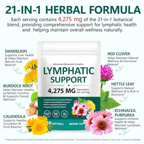 Organic Lymphatic Drainage Supplements 4275mg | 21-in-1 Herbal Blend with Echinacea, Dandelion, Burdock Root & Red Clover | Lymphatic Support Capsules for Immune Health & Fluid Balance | 240 Softgels - Thumbnail 5