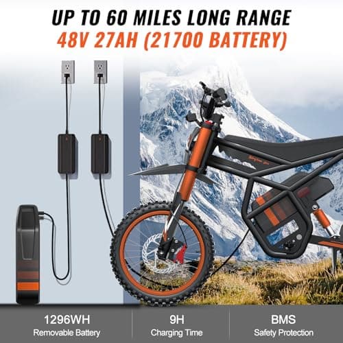 Riding'times GT54 Electric Motorcycle for Teens Adults 37MPH, 27AH Electric Dirt Bike with 14"/12" Fat Tire Ebike, 2000W Dual Hydraulic Brakes Mountain Off-Road Ebike for Ages 13+ - Thumbnail 2